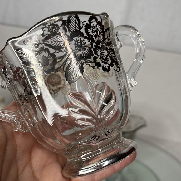 Fostoria Baroque Cream and Sugar with Silver Overlay of Wild Roses Elegant Glass - Picture 10 of 13